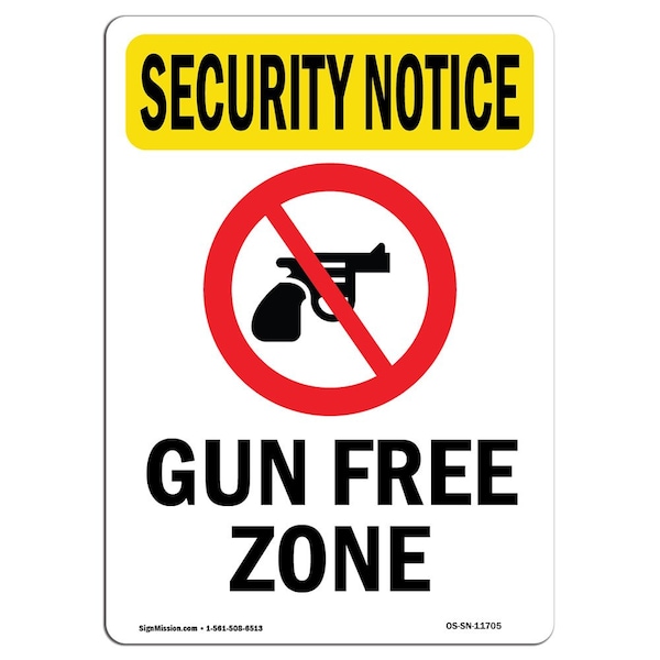 Safety Sign, OSHA SECURITY NOTICE, 5" Height, Gun Free Zone, Portrait, 10PK